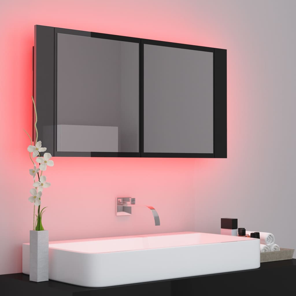 Armoire à miroir de bain à LED Noir brillant Acrylique