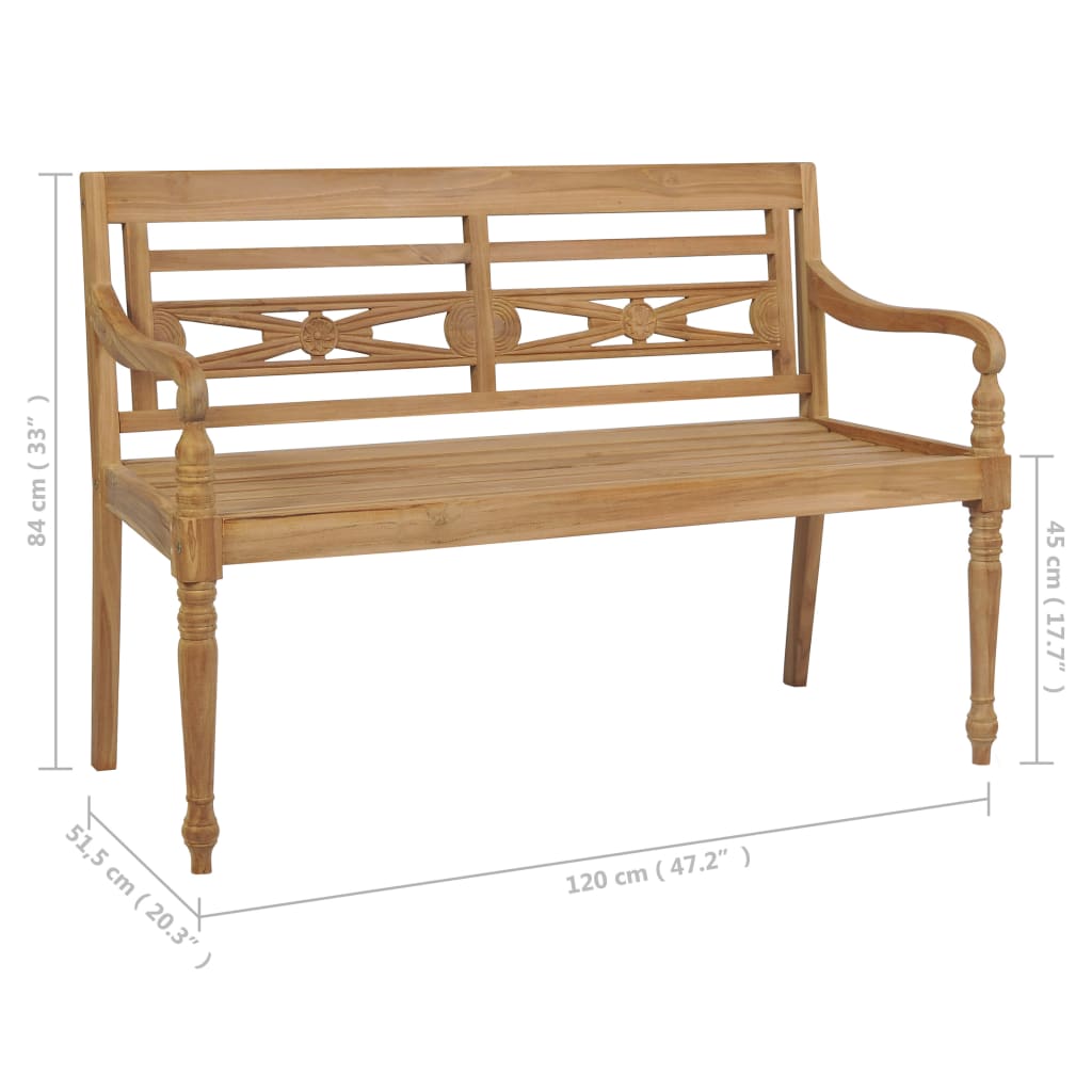 Banc Batavia avec coussin blanc crème 120cm Bois de teck massif