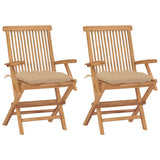 Chaises de jardin avec coussins beige lot de 2 Bois teck massif