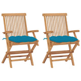 Chaises de jardin lot de 2 avec coussins bleu clair Teck massif