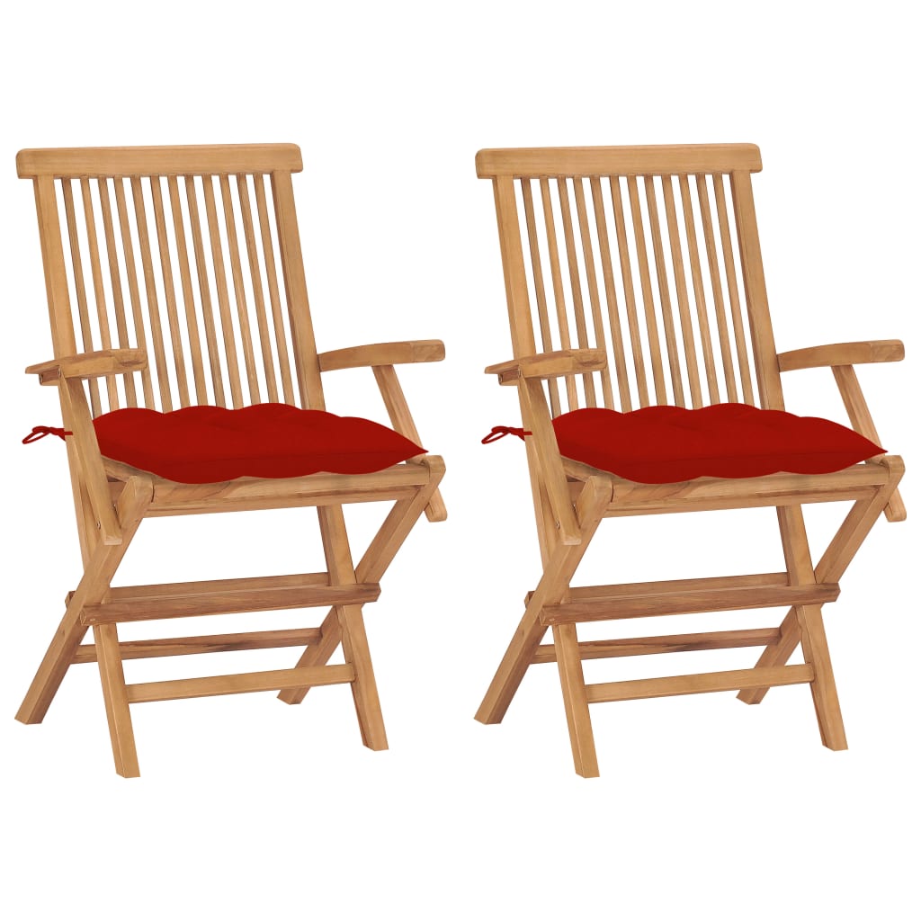 Chaises de jardin avec coussins rouge lot de 2 Bois teck massif