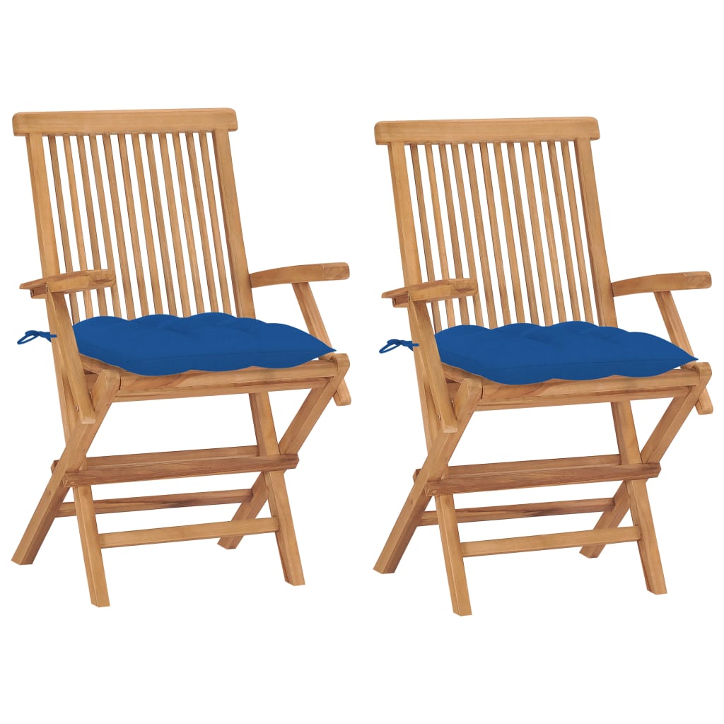 Chaises de jardin avec coussins bleu lot de 2 Bois teck massif