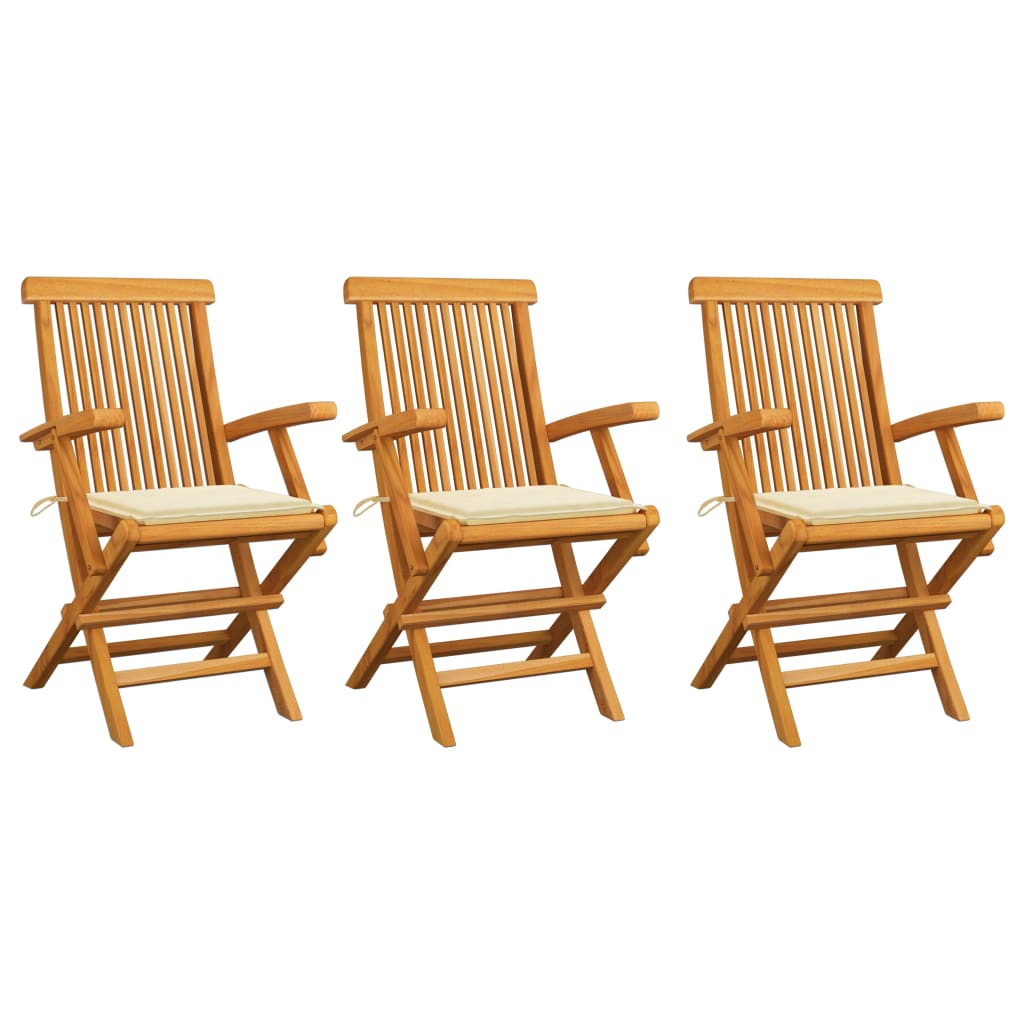 Chaises de jardin avec coussins crème lot de 3 Bois teck massif