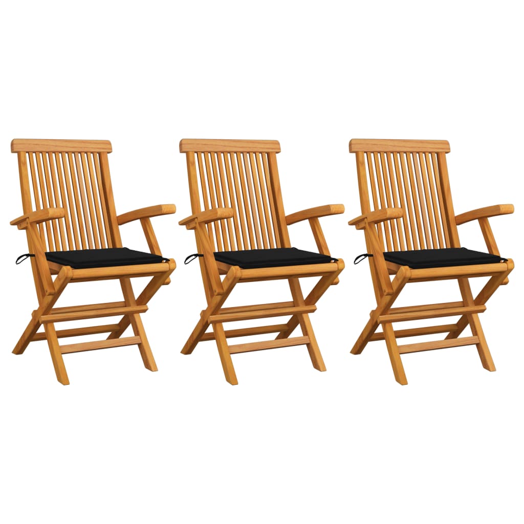 Chaises de jardin avec coussins noir lot de 3 Bois teck massif