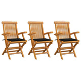 Chaises de jardin avec coussins noir lot de 3 Bois teck massif