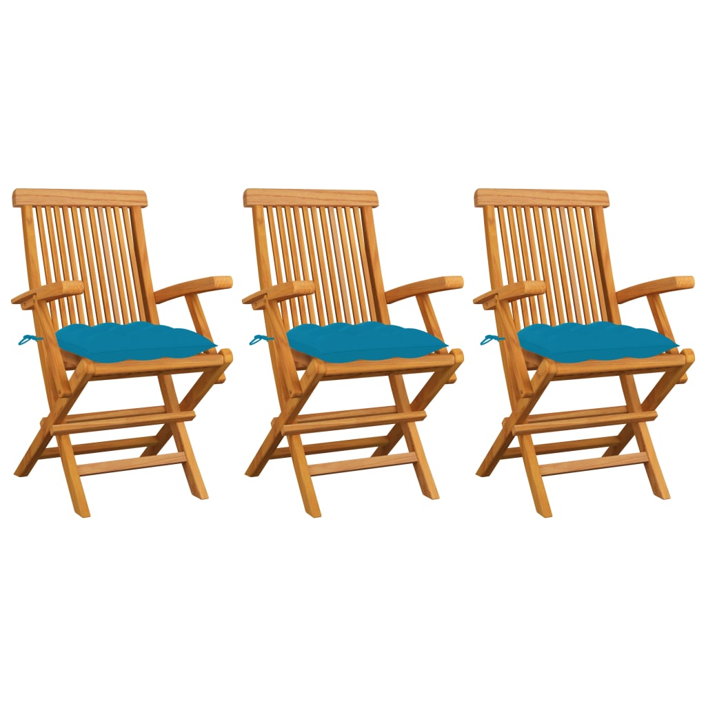 Chaises de jardin avec coussins bleu clair lot de 3 Teck massif