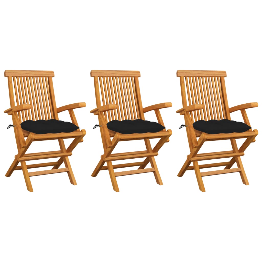 Chaises de jardin avec coussins noir lot de 3 Bois teck massif