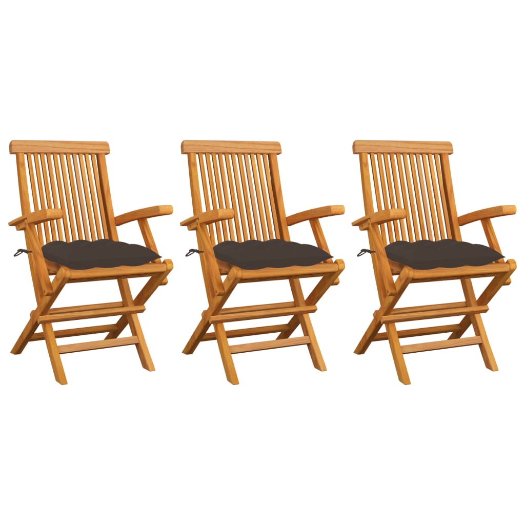 Chaises de jardin avec coussins taupe lot de 3 Bois teck massif