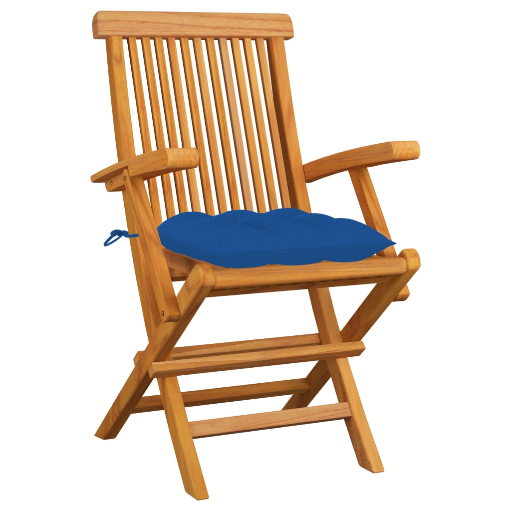 Chaises de jardin avec coussins bleu lot de 3 Bois teck massif