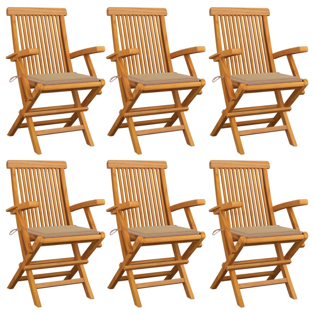 Chaises de jardin avec coussins beige lot de 6 Bois teck massif