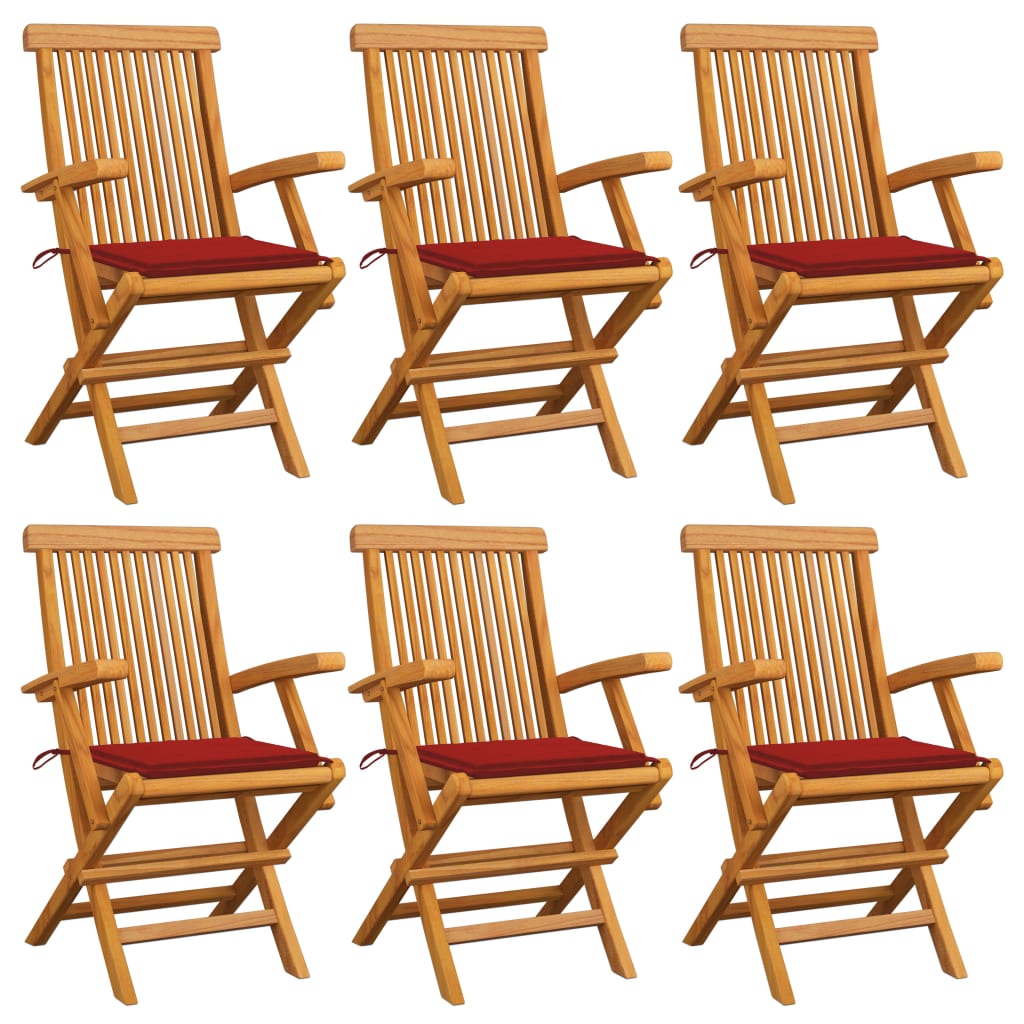 Chaises de jardin avec coussins rouge lot de 6 Bois teck massif