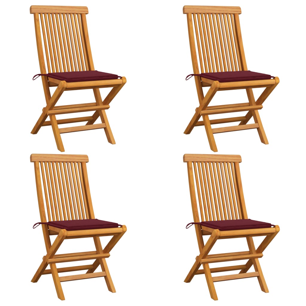 Chaises de jardin avec coussins rouge bordeaux lot de 4 Teck