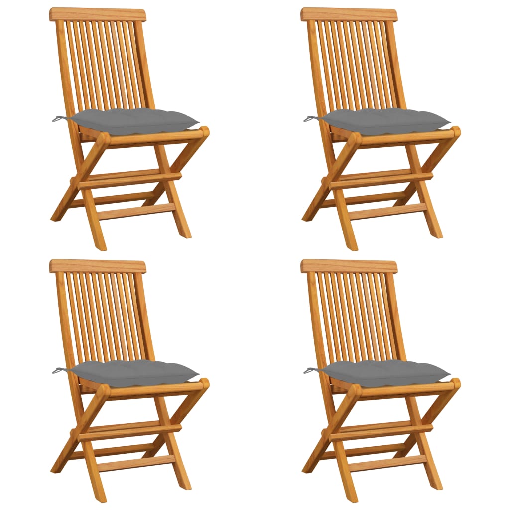 Garden chairs and grey cushions set of 4 solid teak wood