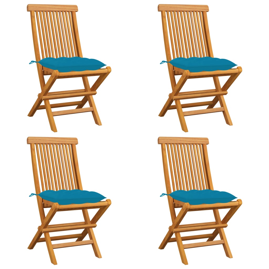 Garden chairs with light blue cushions set of 4 solid teak