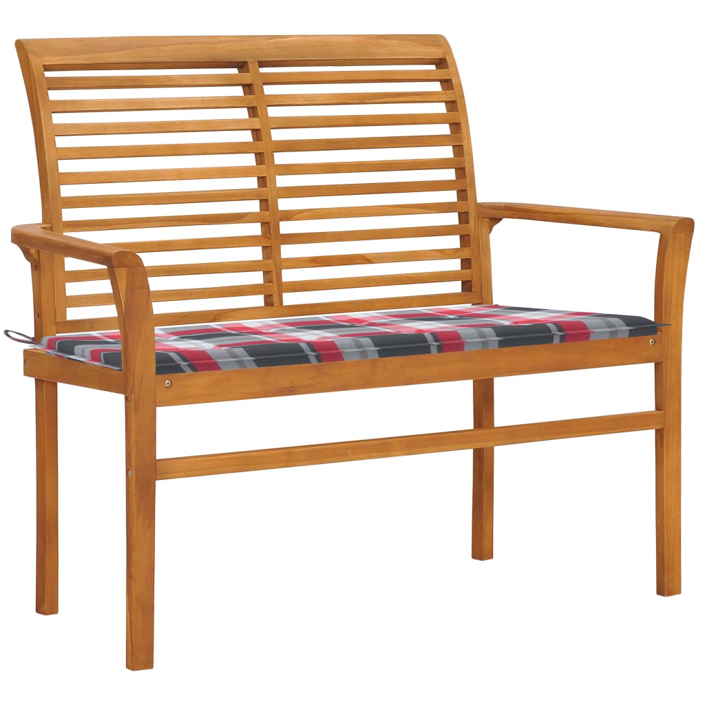 Banc de jardin avec coussin à carreaux rouge 112 cm Teck massif