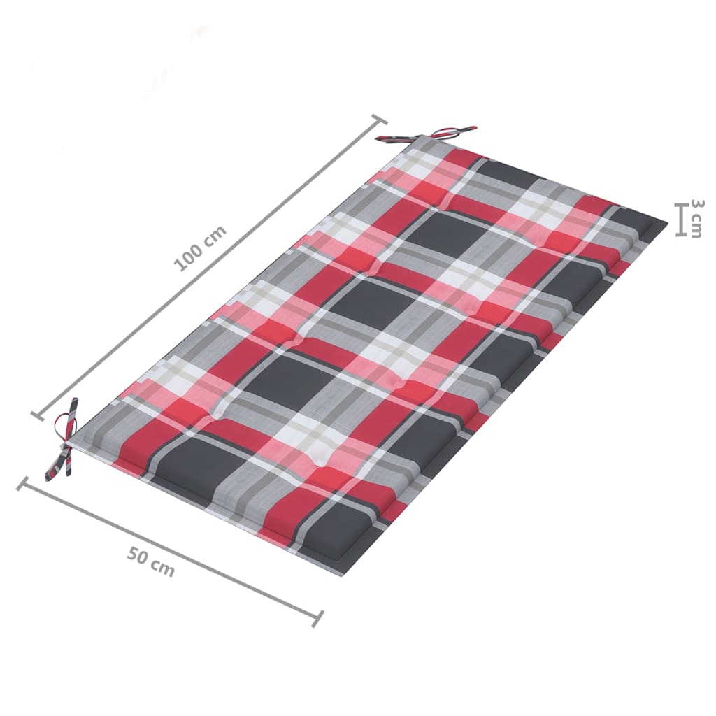 Banc de jardin avec coussin à carreaux rouge 112 cm Teck massif