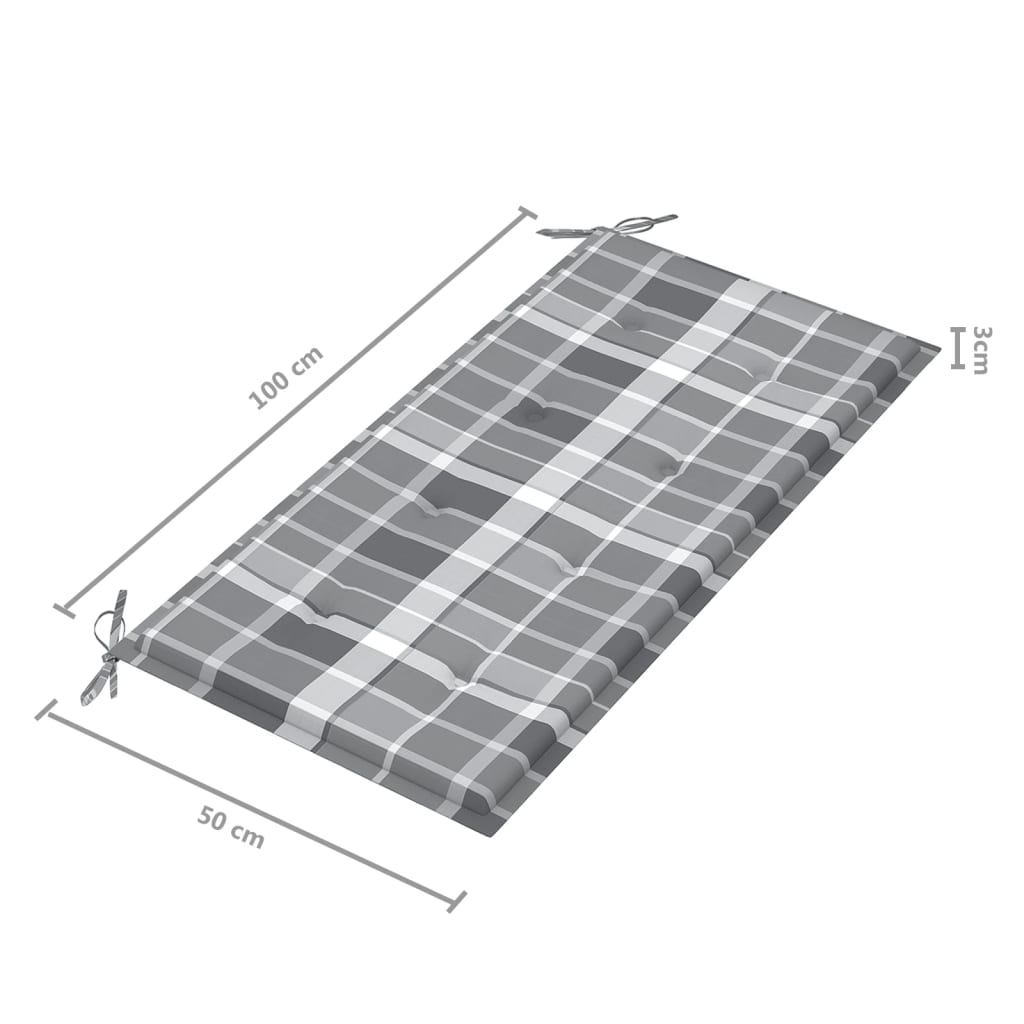 Gartenbank mit grau kariertem Kissen 112 cm Massives Teakholz