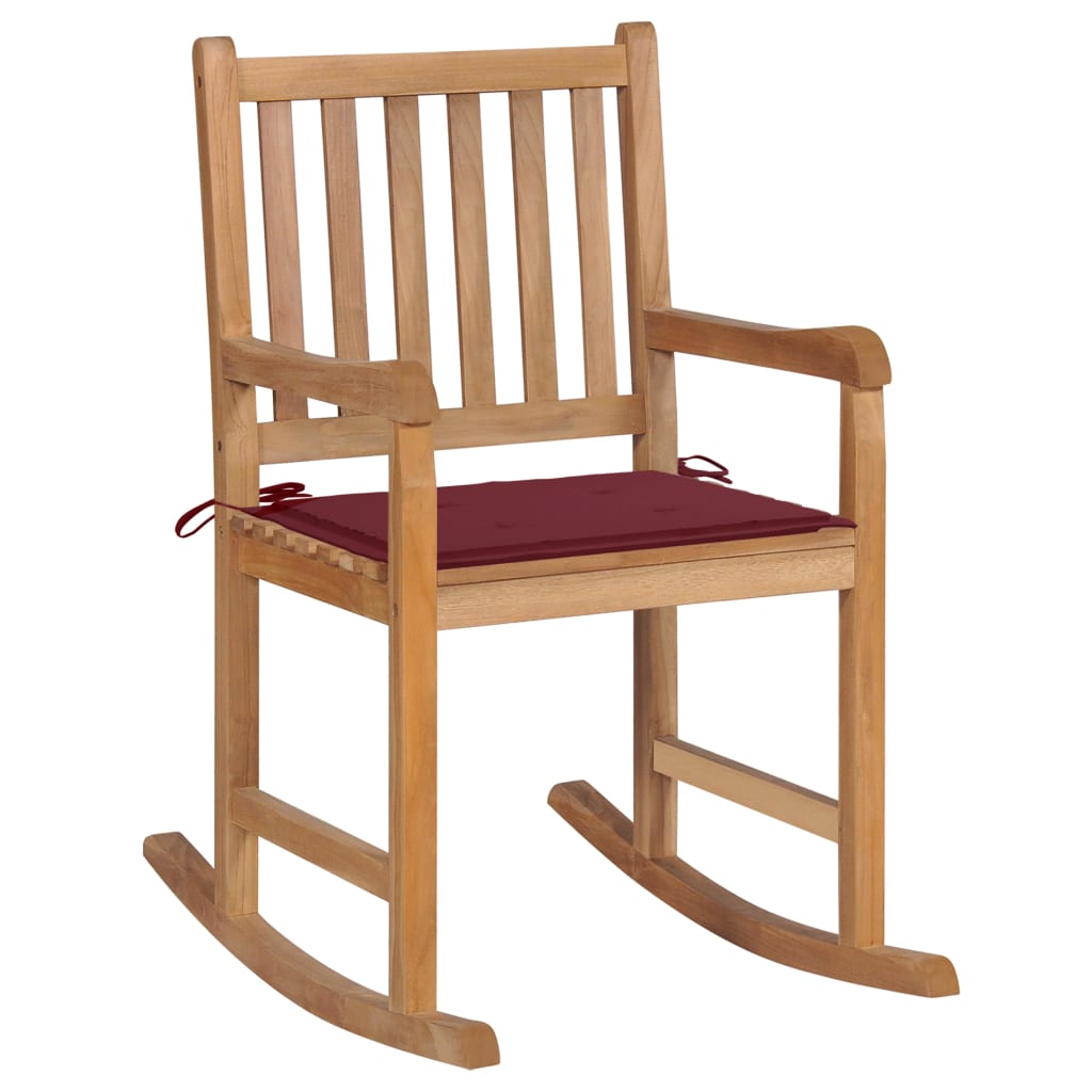 Chaise à bascule avec coussin rouge bordeaux Bois de teck