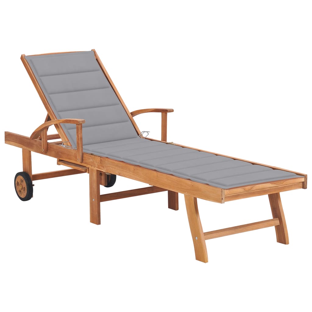 Chaise longue with grey cushion Solid teak wood