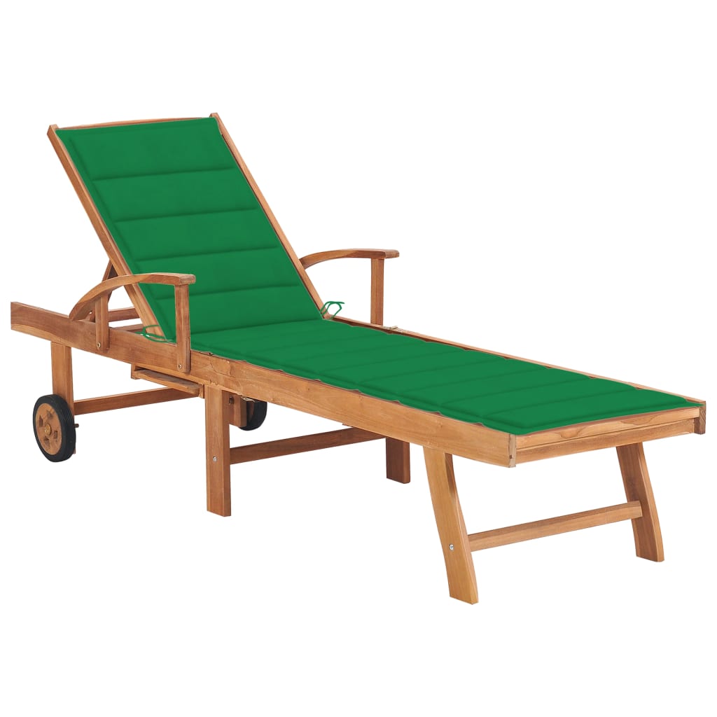 Chaise longue with green cushion Solid teak wood