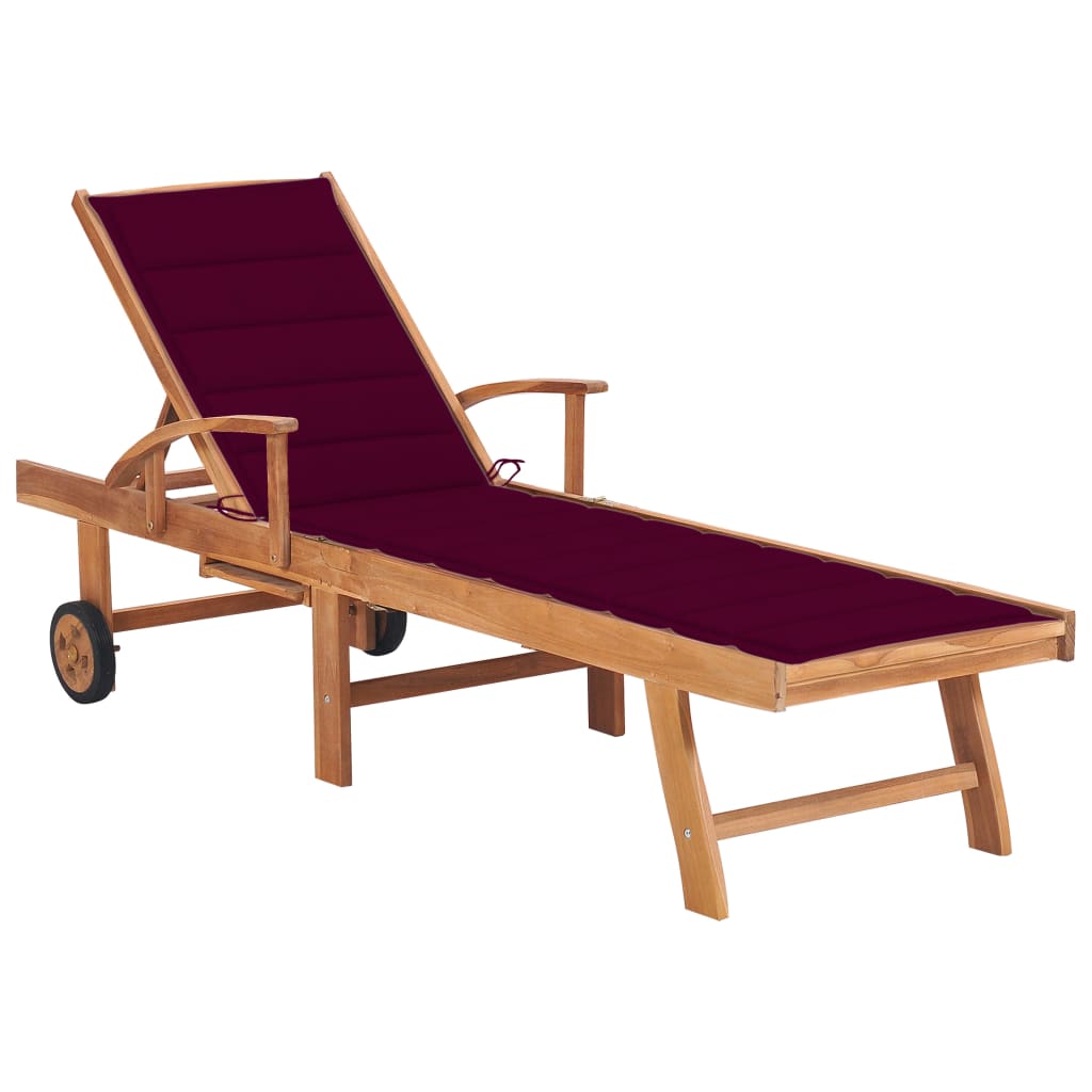 Chaise longue avec coussin rouge bordeaux Bois de teck solide