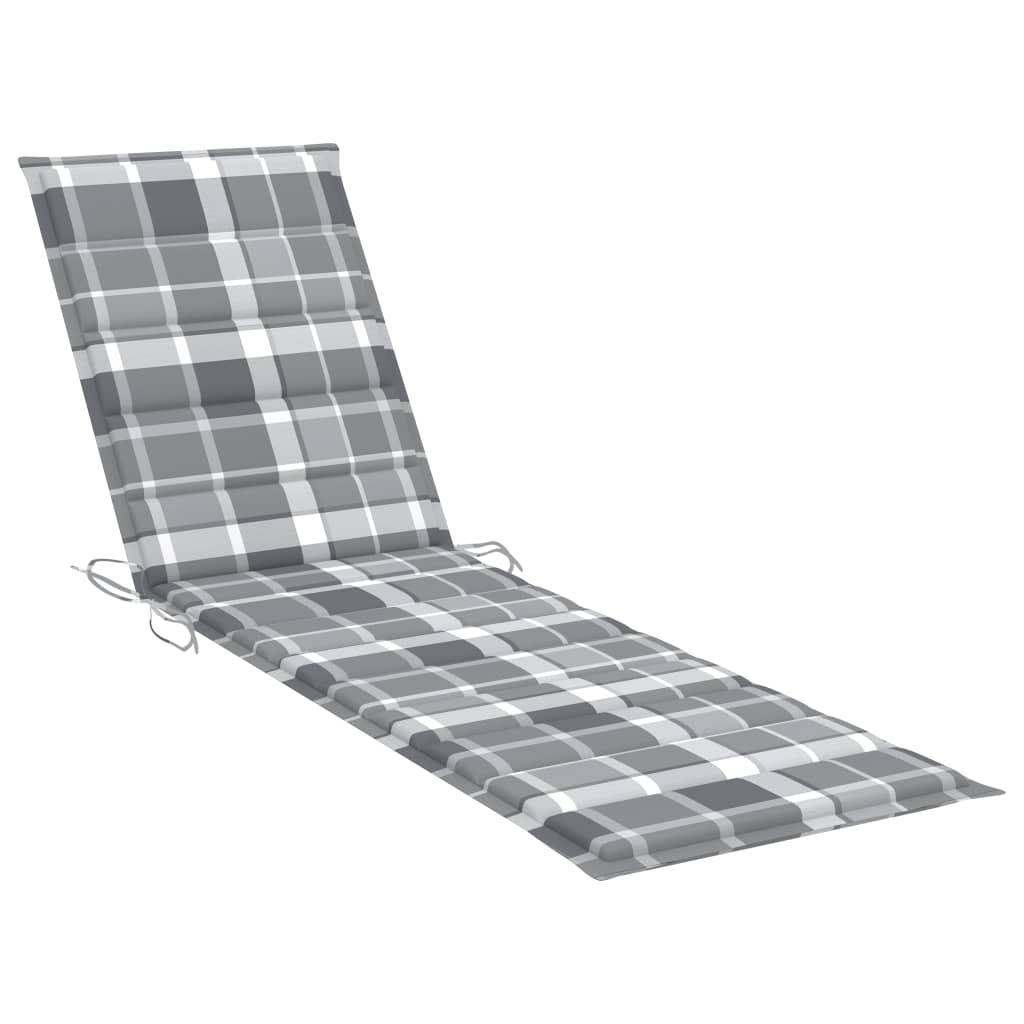 Chaise longue avec coussin à carreaux gris Bois de teck solide