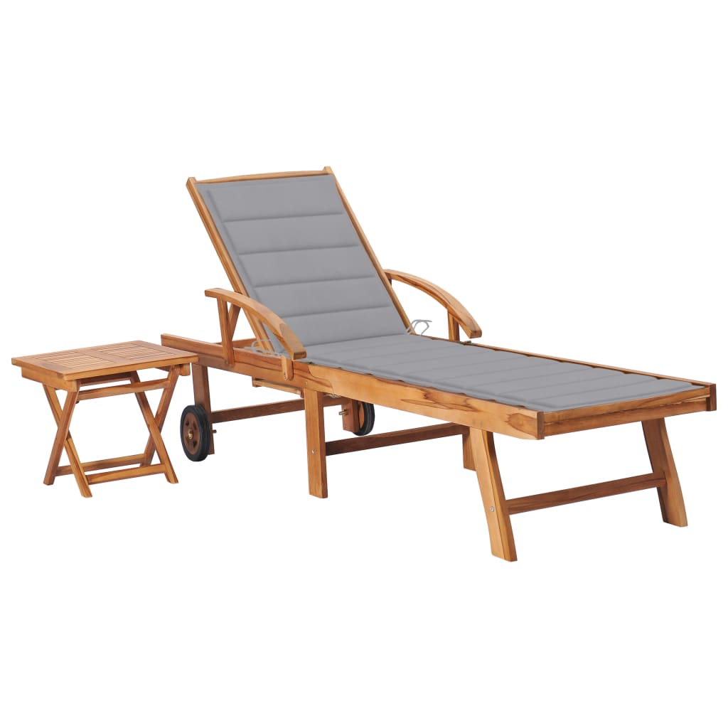 Chaise longue with table and cushion Solid teak wood