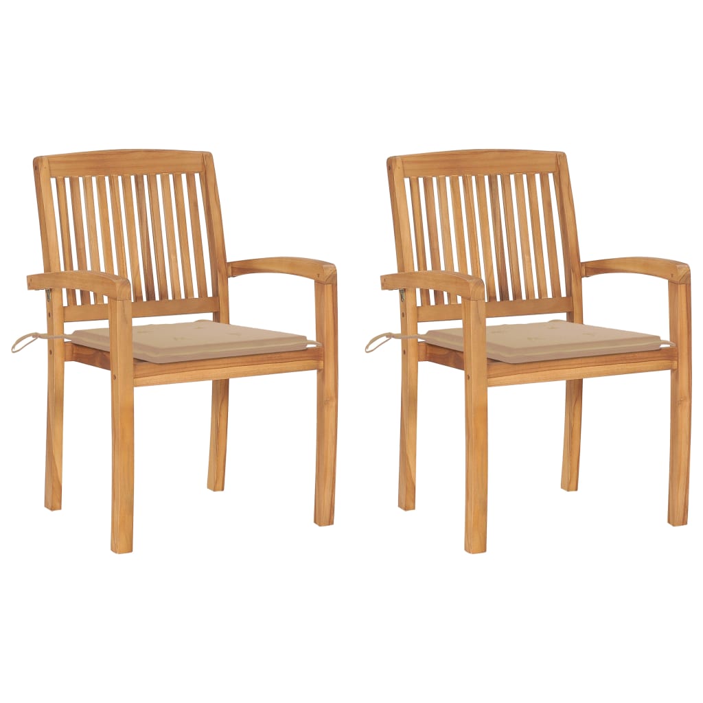 Chaises de jardin lot de 2 et coussins beige Bois teck massif