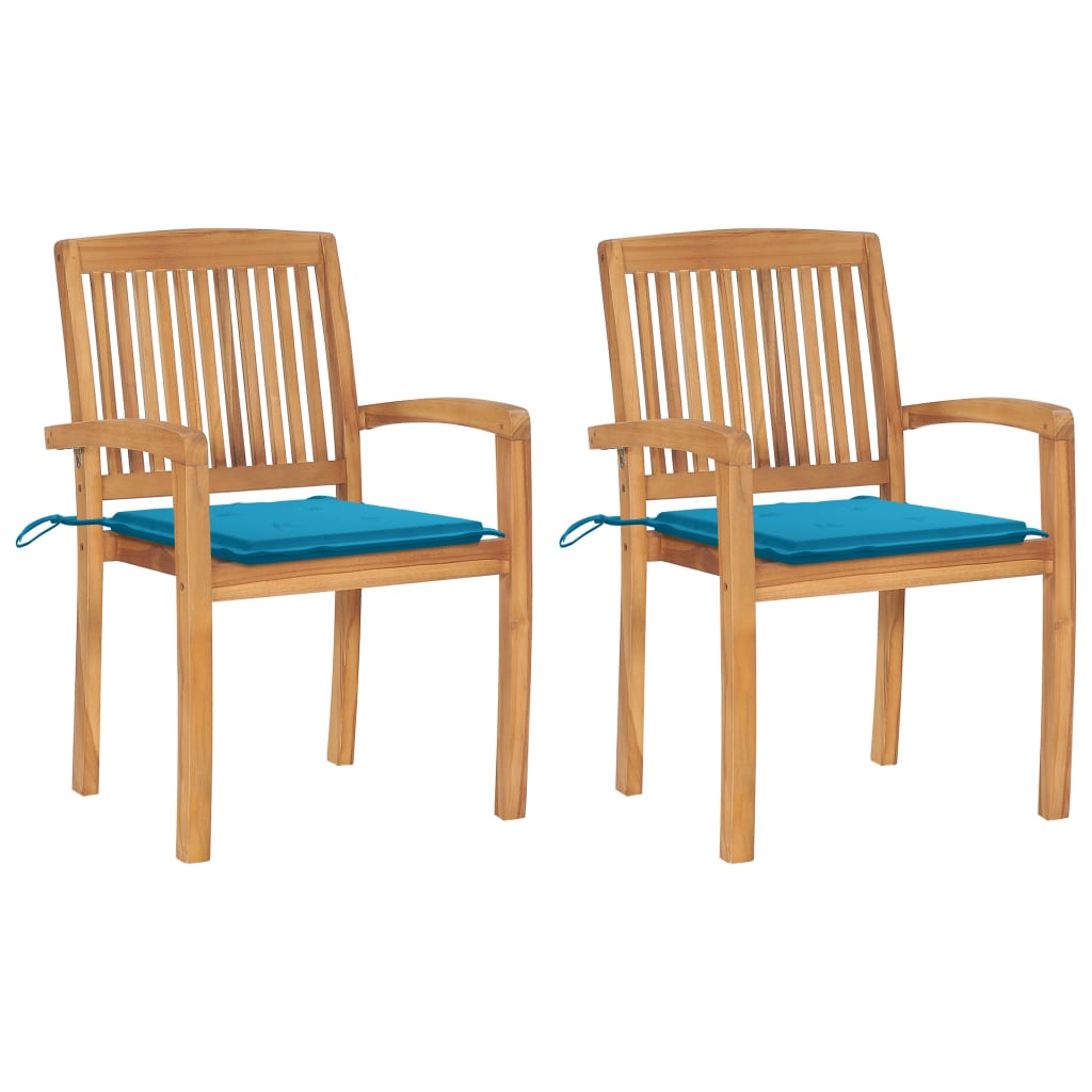 Chaises de jardin lot de 2 et coussins bleu Bois de teck massif