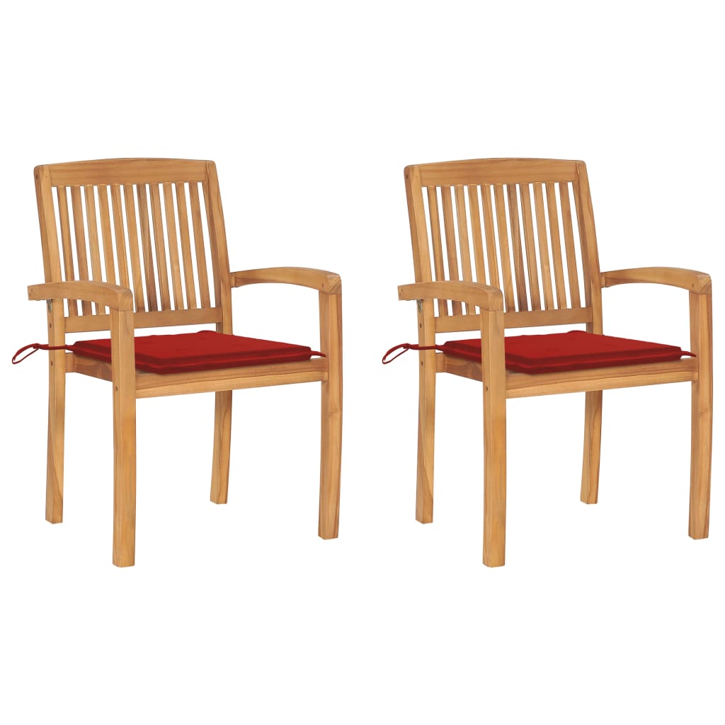 Chaises de jardin lot de 2 et coussins rouge Bois teck massif