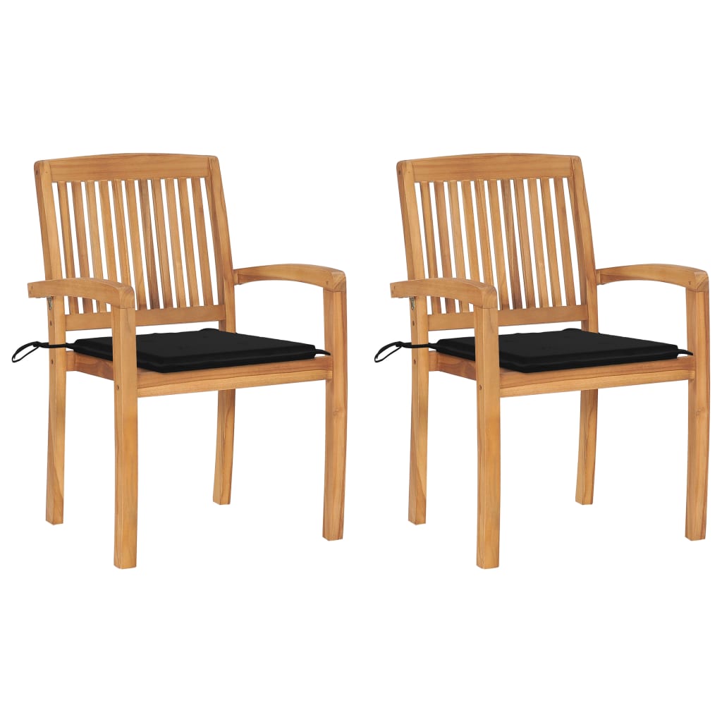 Chaises de jardin lot de 2 et coussins noir Bois de teck massif