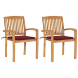 Chaises de jardin lot de 2 avec coussins bordeaux Teck massif