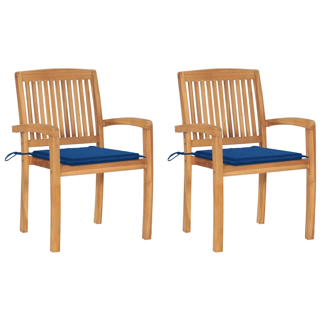 Chaises de jardin lot de 2 avec coussins bleu royal Teck massif