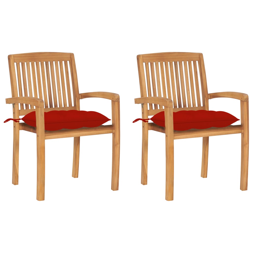 Chaises de jardin lot de 2 et coussins rouge Bois teck massif