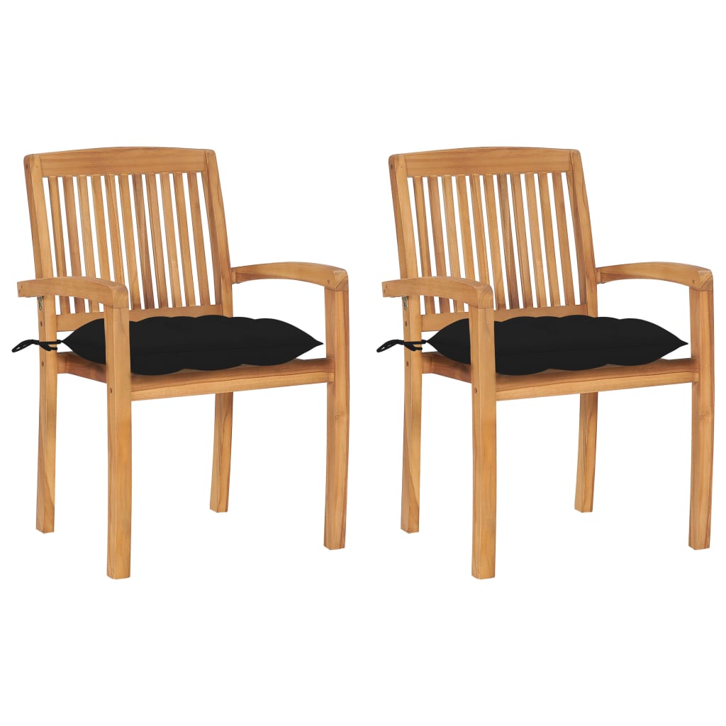 Chaises de jardin lot de 2 et coussins noir Bois de teck massif