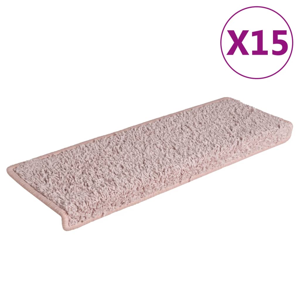 Tapis d'escalier 15 pcs 65x21x4 cm Blanc et rose