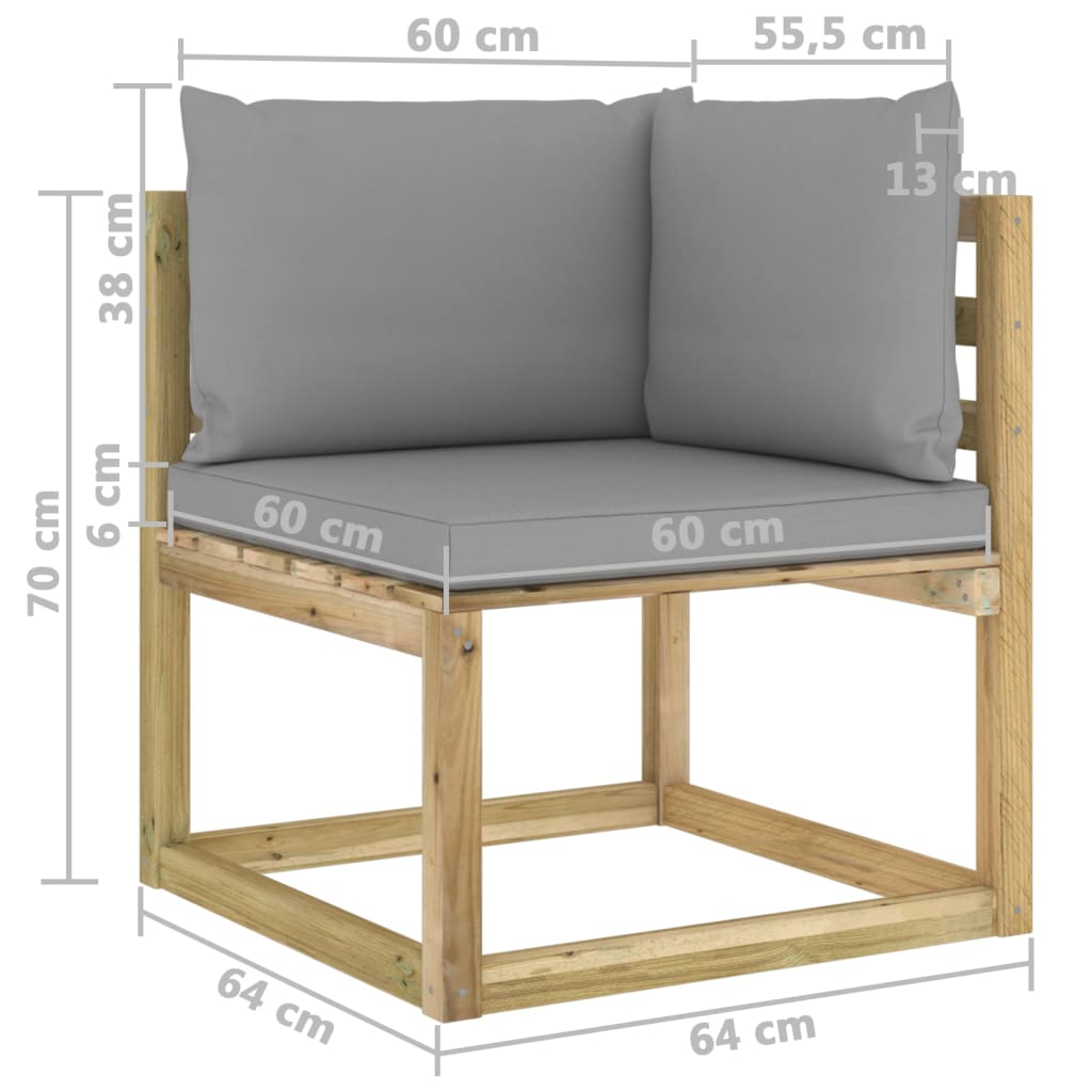 Canapé d'angle de jardin avec coussins Bois imprégné de vert