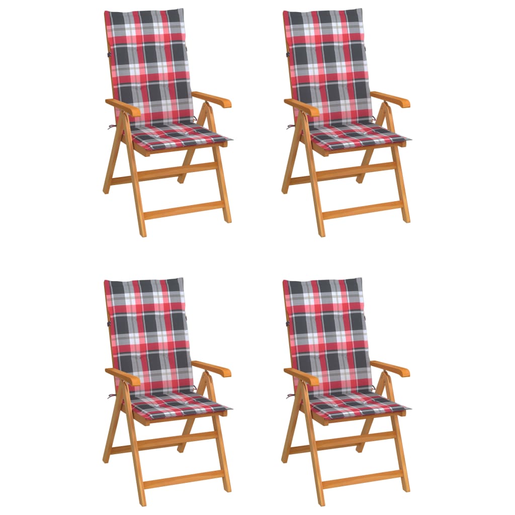 Chaises de jardin lot de 4 et coussins à carreaux rouge Teck