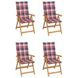 Chaises de jardin lot de 4 et coussins à carreaux rouge Teck