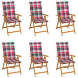 Chaises de jardin lot de 6 et coussins carreaux rouge Bois teck