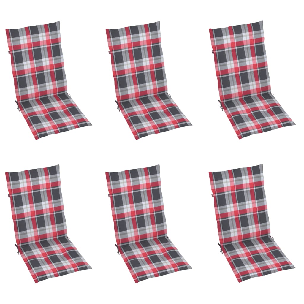 Chaises de jardin lot de 6 et coussins carreaux rouge Bois teck