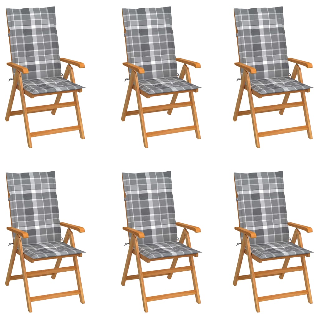 Chaises de jardin lot de 6 et coussins carreaux gris Bois teck