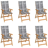 Chaises de jardin lot de 6 et coussins carreaux gris Bois teck