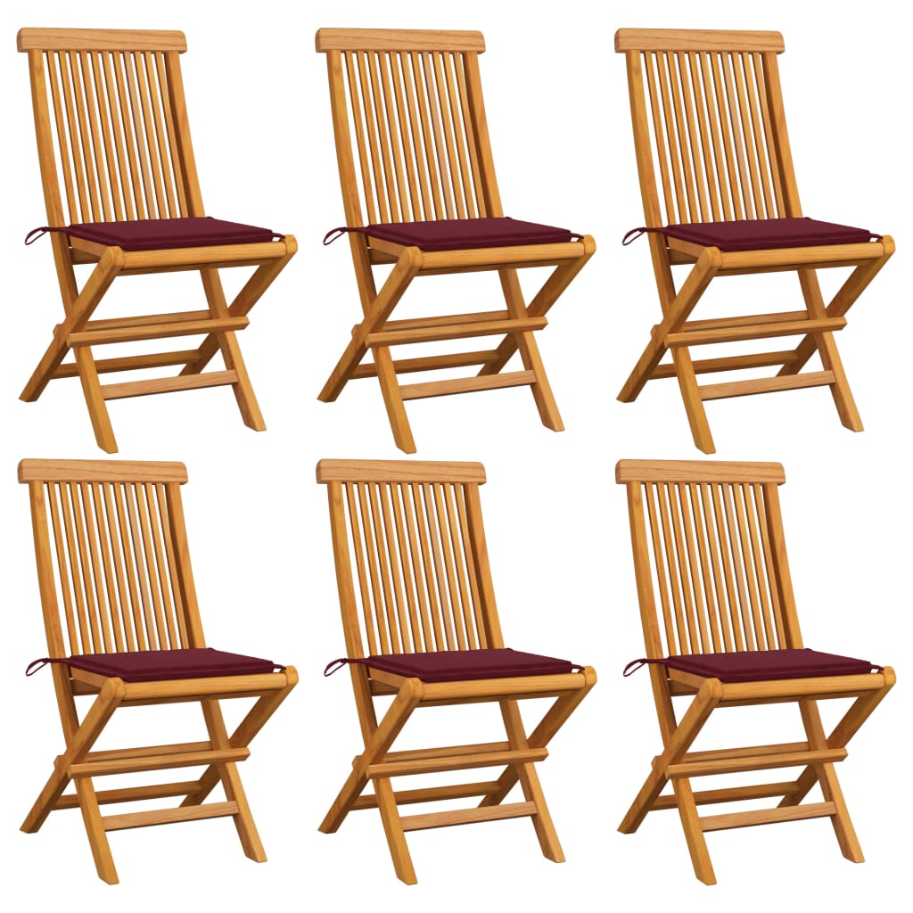 Garden chairs with burgundy red cushions set of 6 Teak