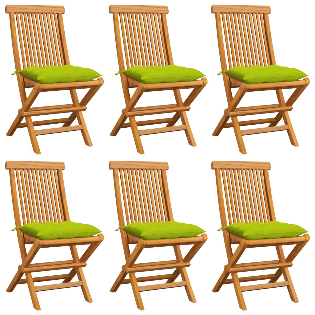 Garden chairs with bright green cushions set of 6 teak wood