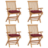 Garden chairs with burgundy red cushions set of 4 Teak