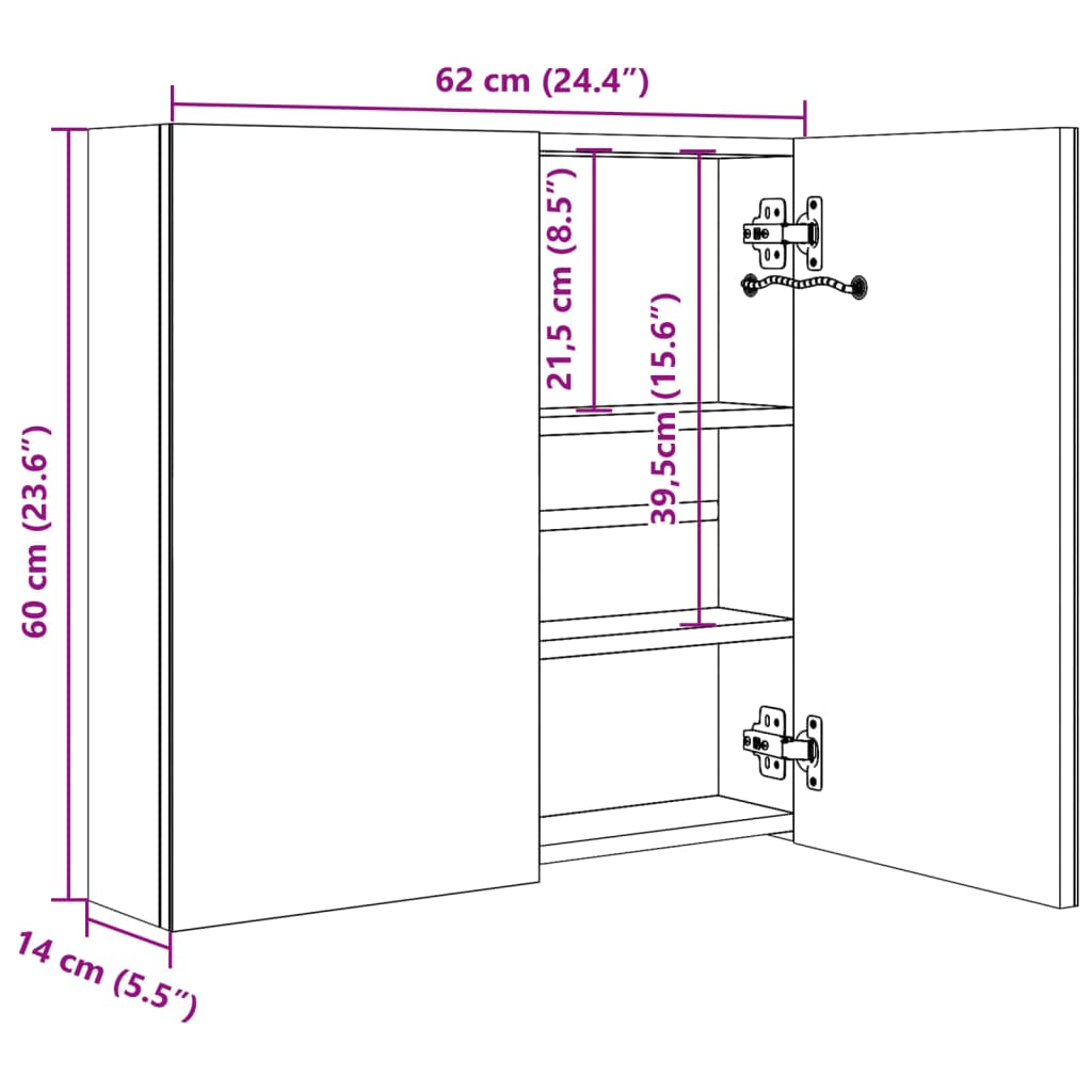 Armoire de salle de bain à miroir LED 62x14x60 cm