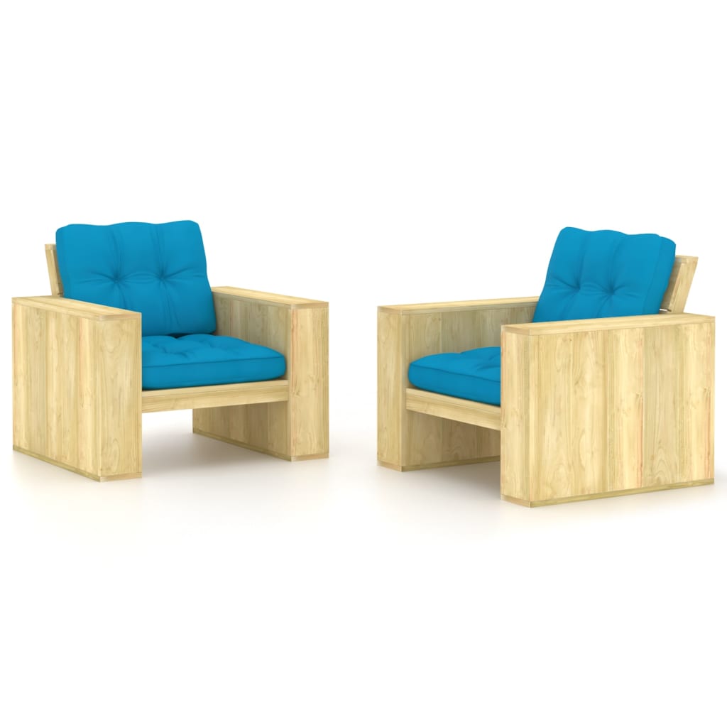 Chaises de jardin lot de 2 avec coussins bleu Pin imprégné