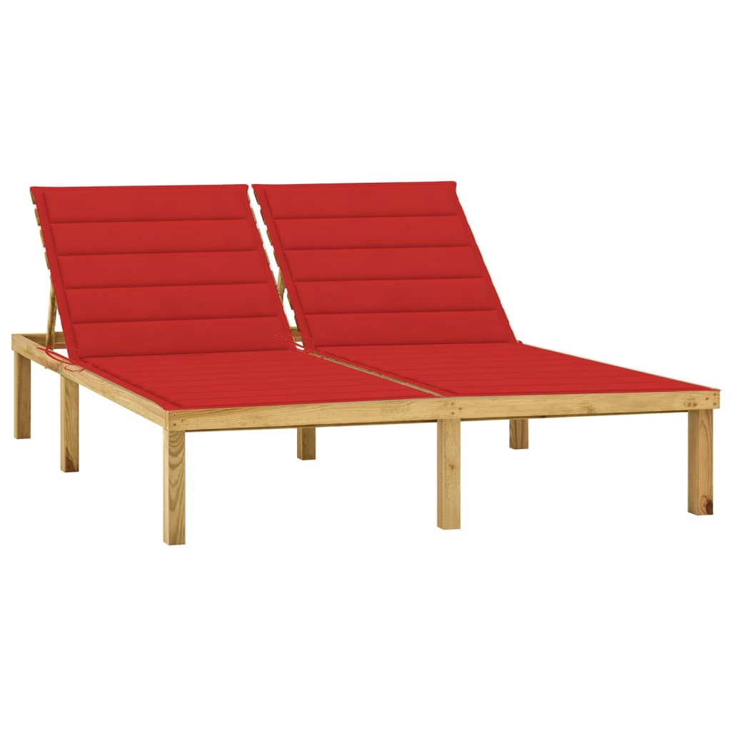 Double chaise longue and red cushions Impregnated pine wood