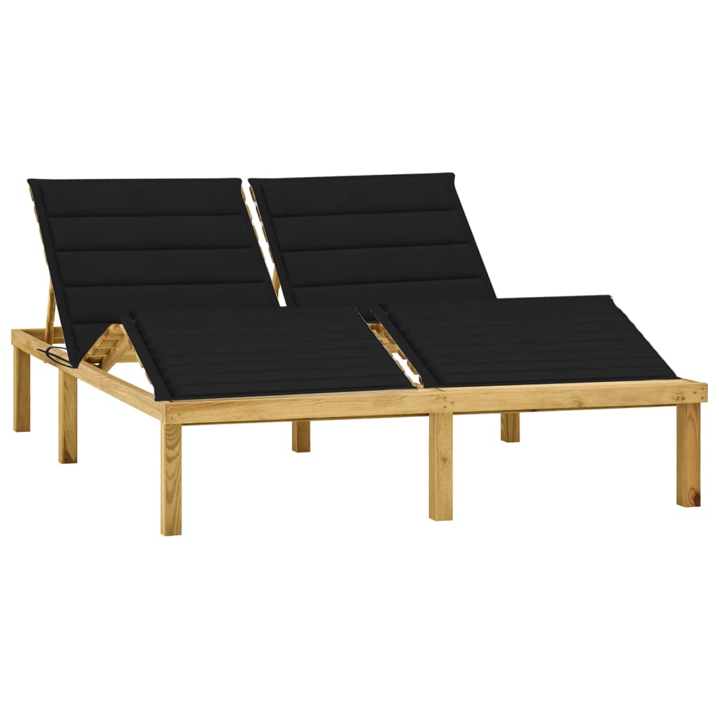 Double chaise longue and black cushions impregnated pine wood